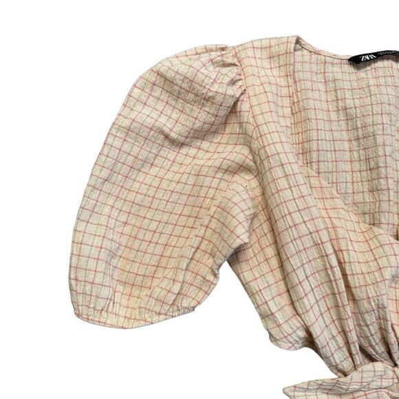 NEW Zara Linen Blend Cutout Mini Dress Square Print Small - Picture 4 of 7